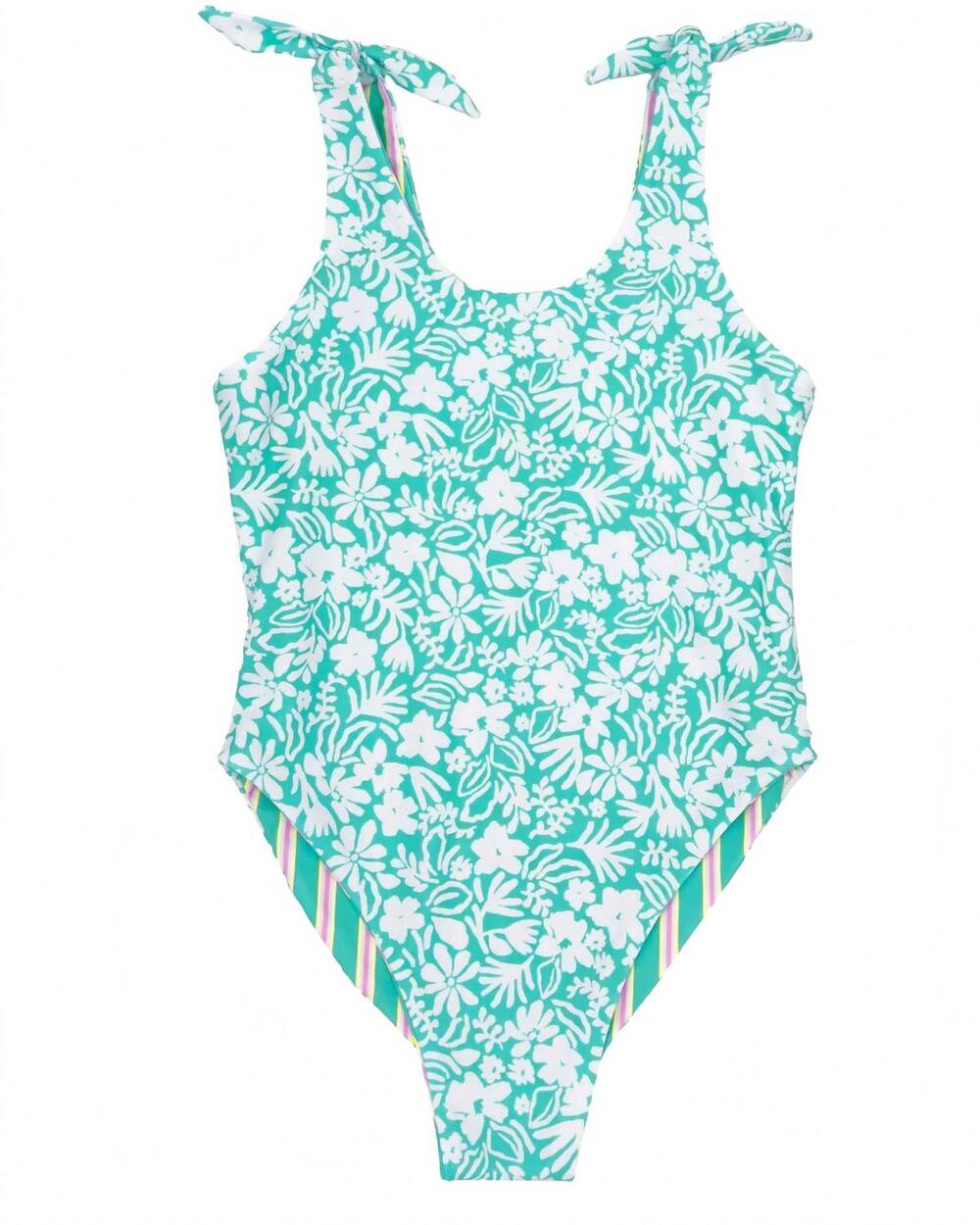 NEW FEATHER 4 ARROW girls' skye reversible one-piece in blue sea ya/ reef stripe